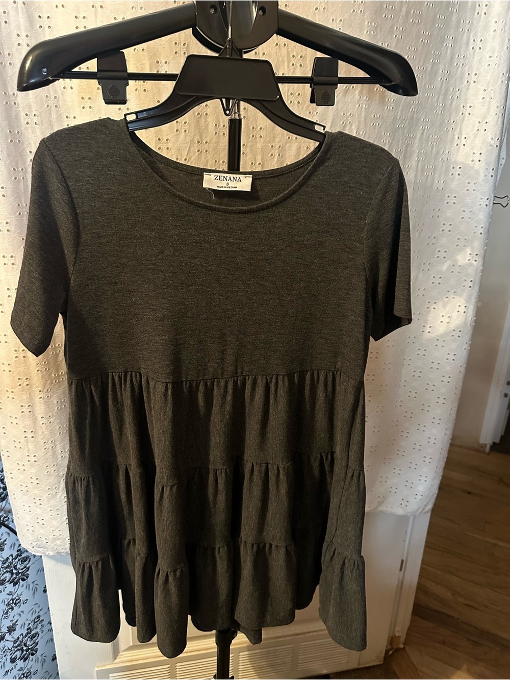 Zenana Outfitters Olive Tiered Short Sleeve Mini Dress